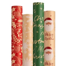Christmas Kraft Wrapping Paper (4 Rolls, 93 sq. ft. ttl) Santa Claus, Snowfla...