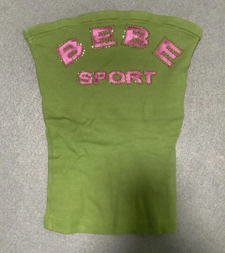 Y2K Bebe Sport Tube Top Strapless Size S Green / Pink Rhinestones On Logo