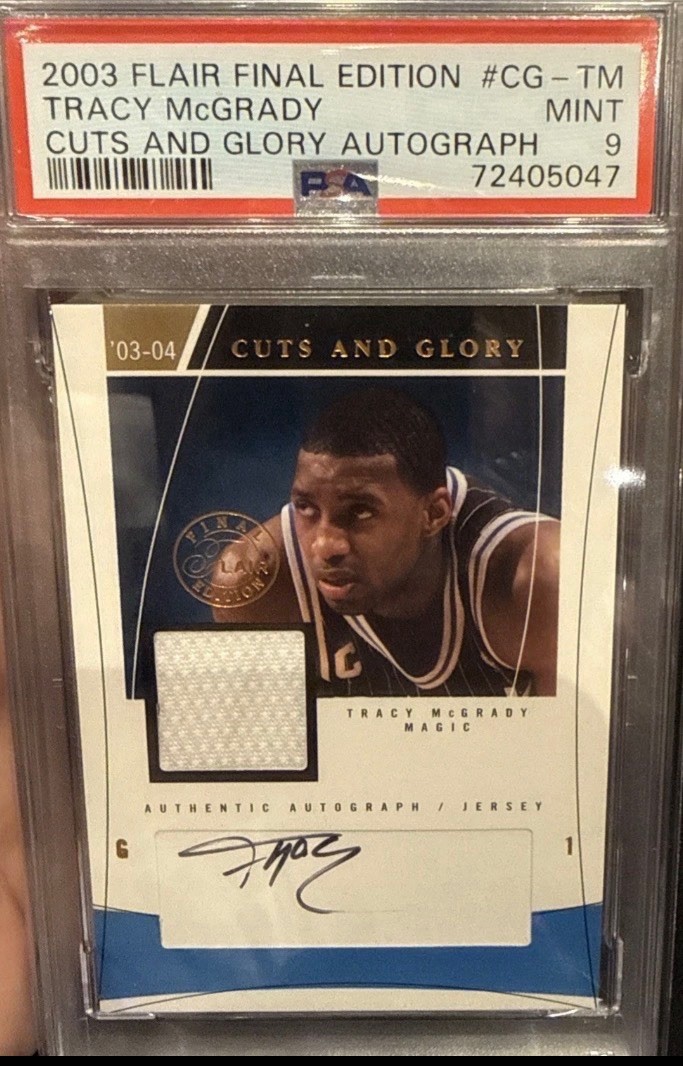2003-04 Flair Final Edition Tracy McGrady Cuts And Glory Auto Jersey #/100 PSA 9