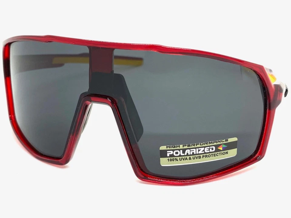 Sporty Biker Wrap Around Shield Fishing POLARIZED SUN GLASSES Large Red Frame - Image 3 of 4