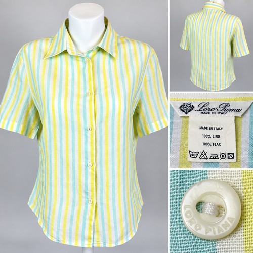 Loro Piana, Loro Piana 100% Linen Shirt Women IT 46 L Yellow Blue Striped Short Sleeve Italy