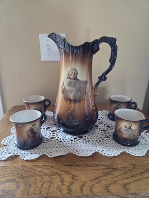 #ad #ad Warwick Pottery Founded In 1800#x27;s West Virginia Monk Pitcher And 4 Small Cups $72.00