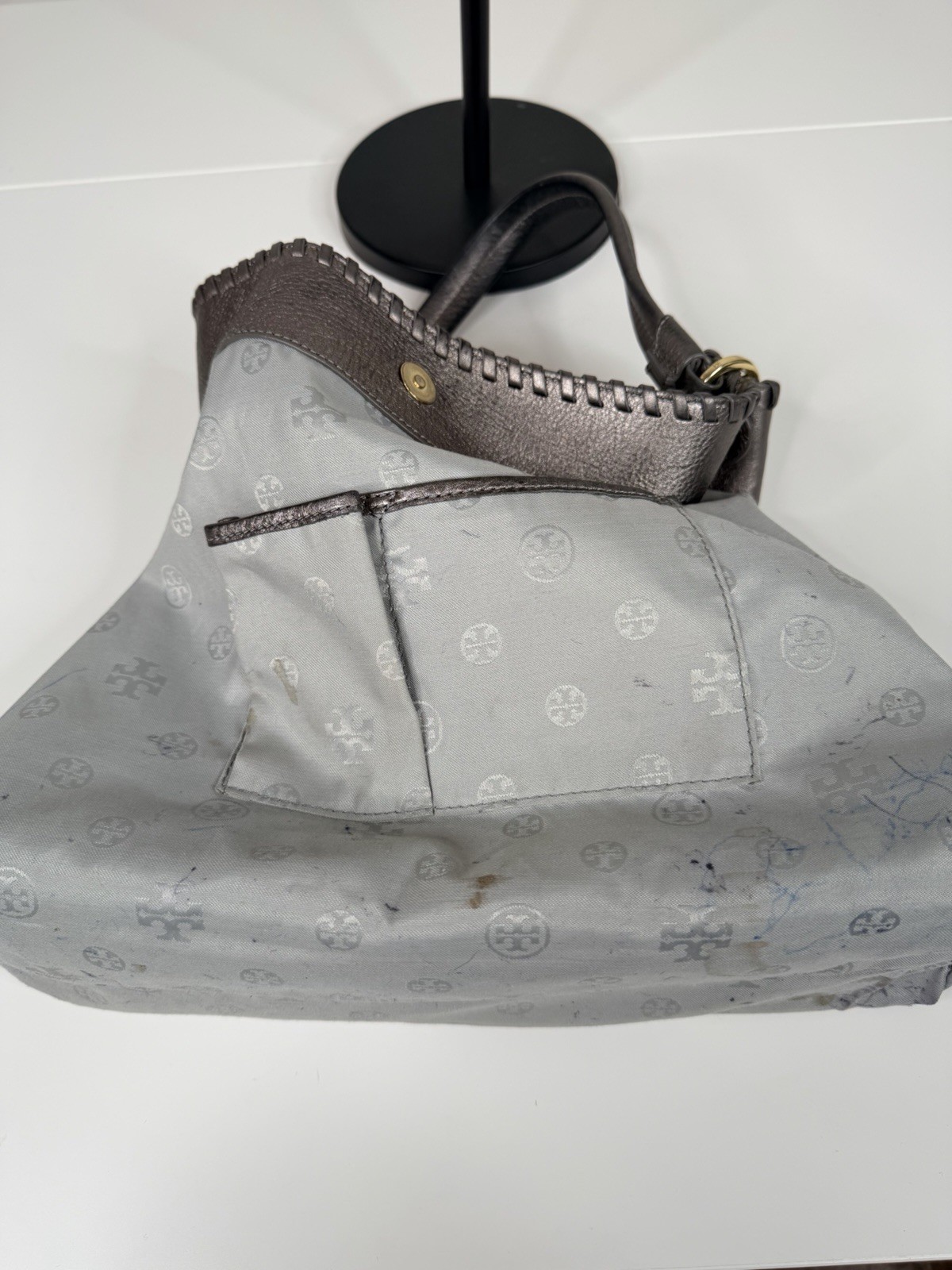 Tory Burch designer Marion HOBO shoulder purse handbag Silver Metallic Gray thumbnail 17