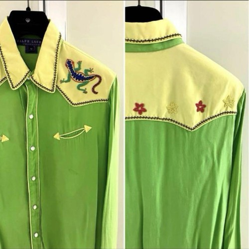 RALPH LAUREN Purple Label Silk Western Shirt Size 10 Green Yellow Beaded F/S - Picture 3 of 10