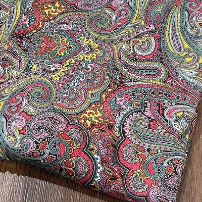 Vintage 70s Jewel Tone Pink Yellow Green Paisley Poly Fabric Groovy Hippie 4 Yrd
