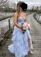 Light Blue Strapless Layered Beaded Tulle Long Ballgown Prom Dress for Women