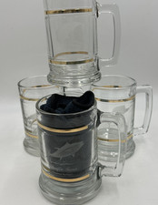 4 Etched Fish Design W/Gold Trim Clear Glasses Beer Mugs 5.25"H Tuna, Marlin