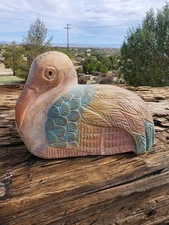 Vntg Hand Carved Wooden Pelican Sculpture Folk Art Rustic Painted Bird Farmhouse