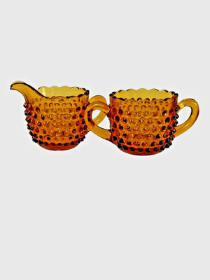 Vintage, L.E. Smith, Amber Hobnail Glass, Cream & Sugar Set, USA