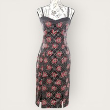Sourpuss NWT Pin Up Wiggle Dress L Black Polka Dot Rockabilly Pinup Floral Goth
