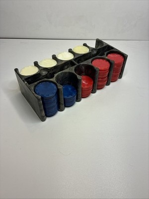 Vintage Bakelite Marbled Poker Chips Red White &  Blue plus caddy