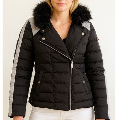 bcbg maxazria Jacket Coat Moto Faux Fur Penny Lane Sz Sm Black Quilted Puffer