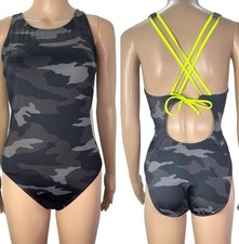 Athleta NEW Freestyle Camo Grey One Piece Cross Over Strap Bathing Suit Size 8