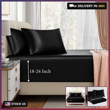 VACVELT 3pcs Extra Deep Pocket Satin Fitted Sheet Set Queen Bed Set, Black Botto