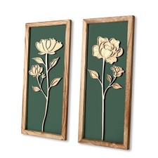 3D Floral Green Wall Art, Wood Boho Framed Wall Arts for Bathroom, Bedroom,