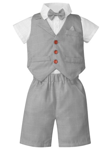 Baby Boys Gentleman Suits Formal Bow Tie Shirt + Shorts + Vest for Wedding Party - Picture 13 of 51