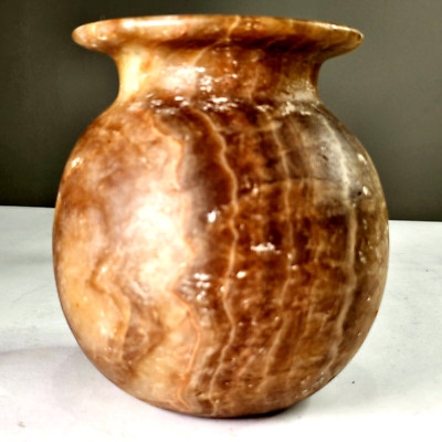 Vintage Round Alabaster Carved Vase Brown Beige Translucent Stone Décor 6.5in