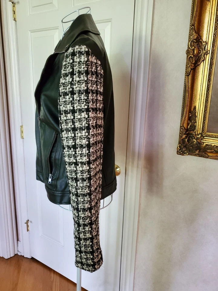 NUEVA Chaqueta Motociclista Nueva York y COMPAÑÍA Cuero Sintético y Tweed Cremallera Talla S Foto 2 de 4