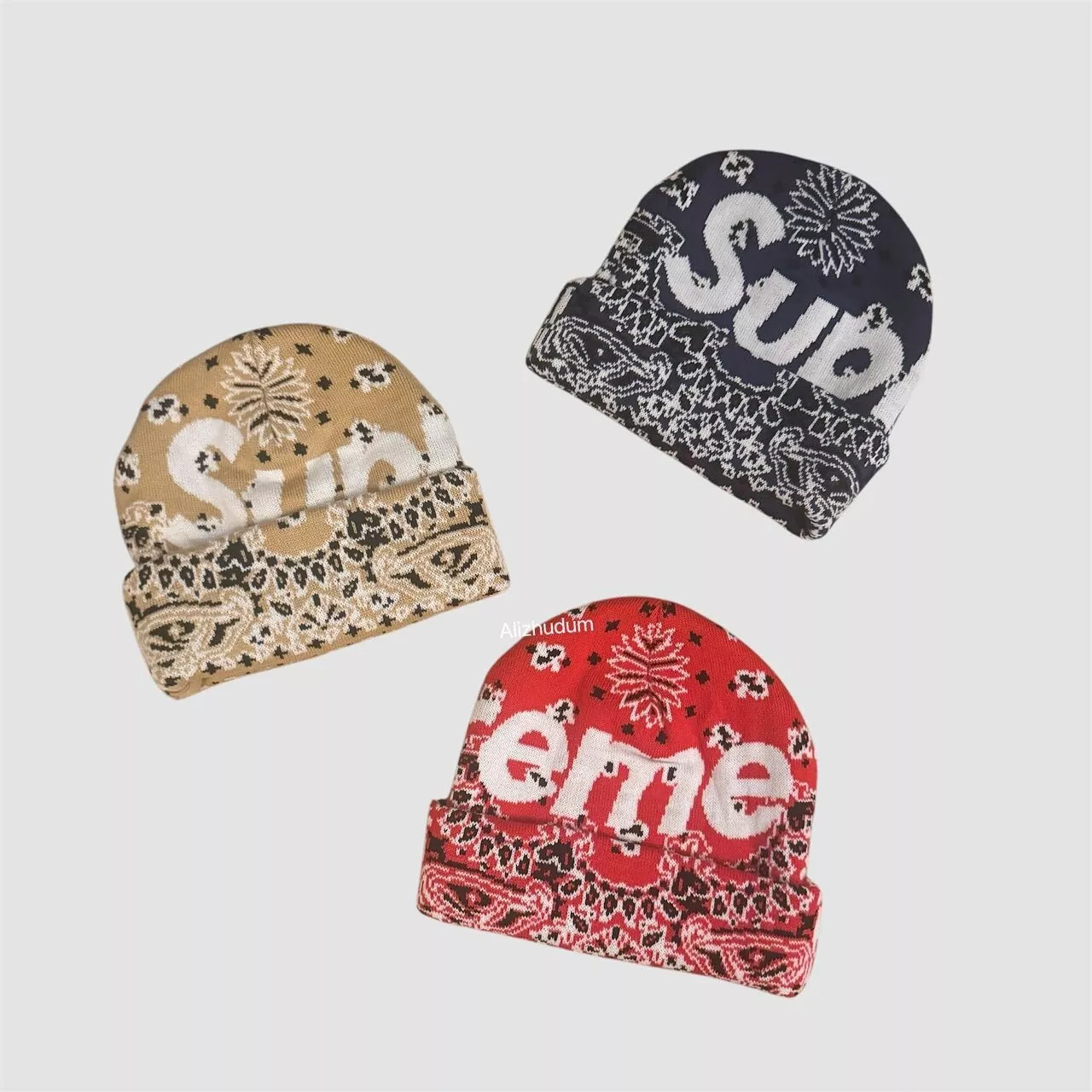 SUPREME FW24 BANDANA GRAND LOGO BONNET ROUGE BLEU MARINE BEIGE
