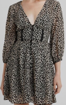 Allen Schwartz neue Leopard Freizeit Kleid 3/4 arm , kurz , xs 