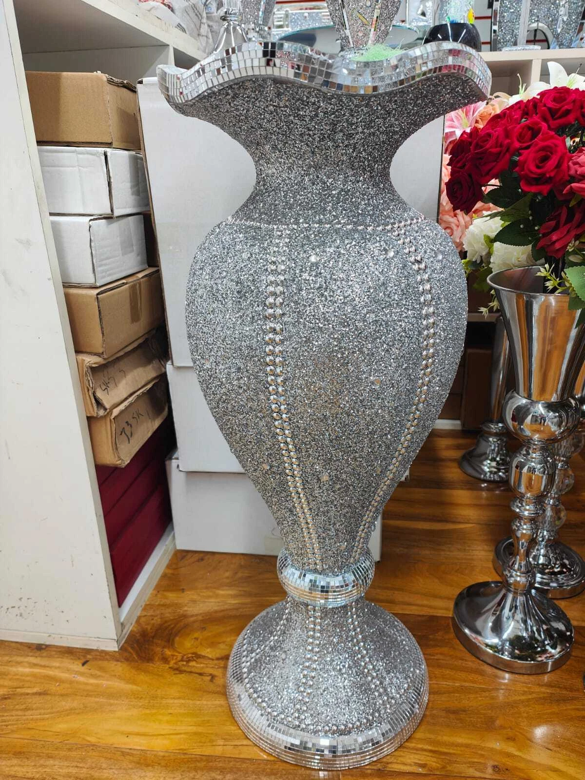 X Large 80cm Shiny Sparkly Mirror Crushed Diamond Glitter Flower POT Floor Vase