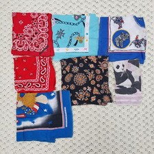 Vtg Lof of 7 Bandanas Made in USA Panda Paisley Cowboy Jewels Eagle Graphic