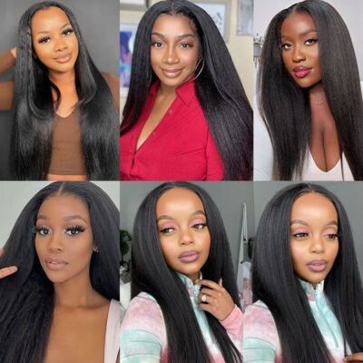 Glueless Yaki Straight Curly Yaki Jet Black Synthetic Lace Front Wig Women Daily