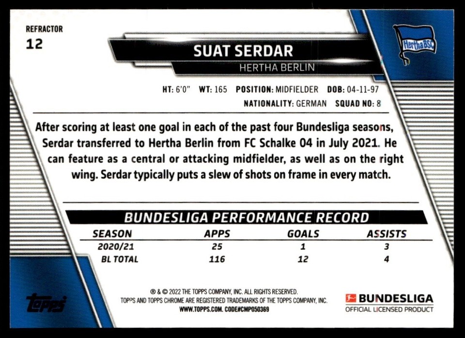 2021 Topps Chrome Bundesliga Refractor Suat Serdar Hertha BSC Berlin