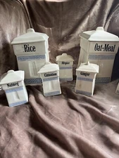 Late 19th Century Antique Blue and White Canister, Oil and Spice Set- 7 Pieces