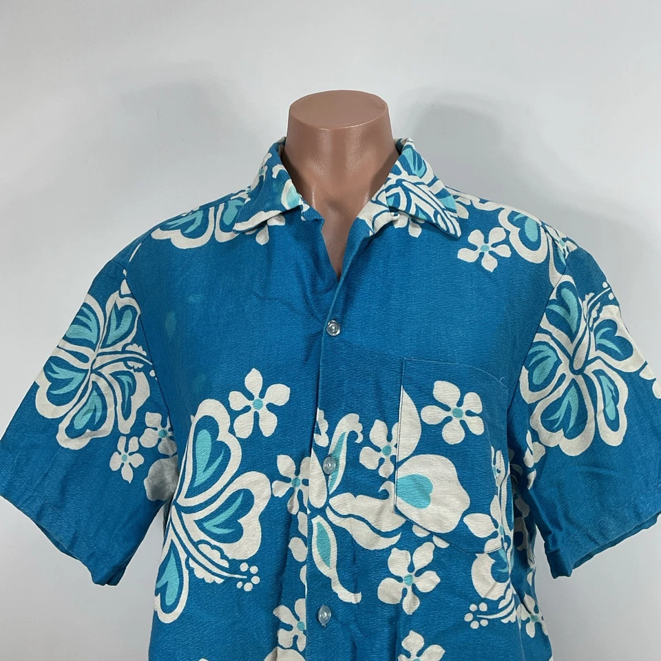 Sears Hawaii Vintage 60s 70s Hawaiian Shirt Psychedelic Blue Floral M/L - Image 2 of 4