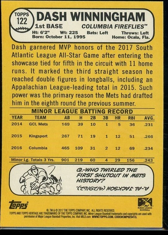2017 Topps Heritage Minors Columbia Fireflies Dane Winningham Auto - Image 2 of 2