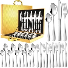 24 Piece Silverware Set Modern Stainless Steel Silver Flatware Set Service For 6
