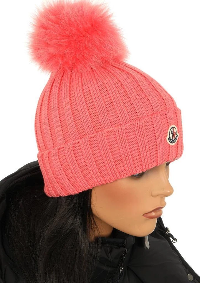 NUEVO MONCLER BRILLANTE CORAL LANA POM POM GORRO LOGO SOMBRERO TALLA ÚNICA CÓDIGO RFID Foto 3 de 4