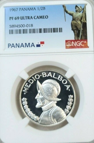 1967 PANAMA SILVER 1/2 BALBOA 1/2B NGC PF 69 ULTRA CAMEO STUNNING RARE TOP POP