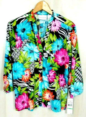 Alfred Dunner NWT Womens Size 8 Multicolor Cotton Abstract Floral 3/4 Sleeve Top
