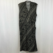 Collective Concepts Womens Mock Wrap Dress Black Geometric Midi Sleeveless L