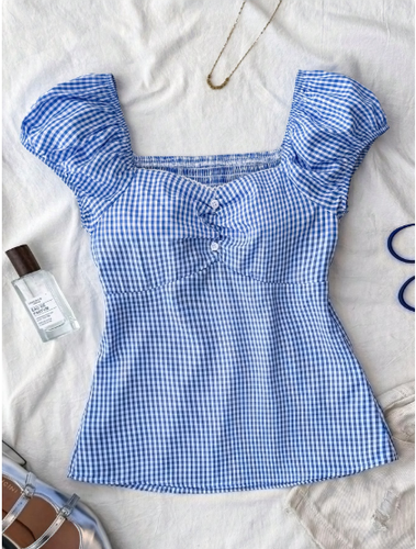 TEENGIRL Retro Plaid Ruffle Blouse - Blue & White A-Line Summer Top Vintage