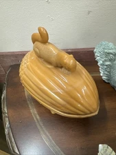 L. E. Smith Caramel Slag Glass Squirrel Acorn Covered Dish