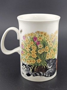 Dunoon Scotland Cats in Garden Fine White Stoneware Mug Floral Cat Coffee Cup