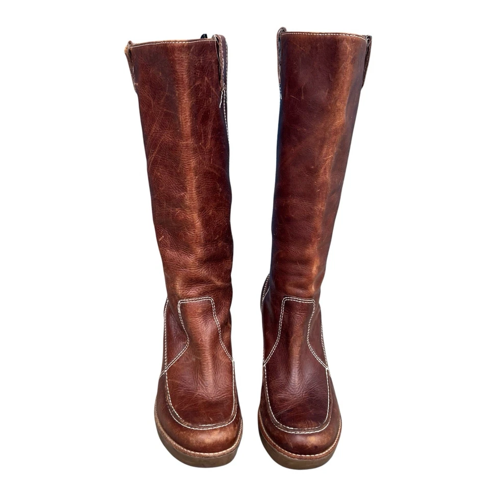 Y2K Michael Kors Brown Leather Knee High Wedge Pull On Boots 8.5 M Distressed - Image 3 of 4