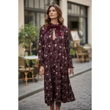 Unique Vintage Burgundy Elephant Floral Long Sleeve Midi Dress Size 1X/16