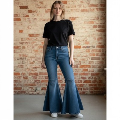 Ashley Stewart Ruffle Flare Jeans Women 16 Blue Denim Bell Bottom High Rise