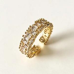 Authentic Gold Plated Open Cuff Ring Baguette Paved Crystal Women Statement Jewelry