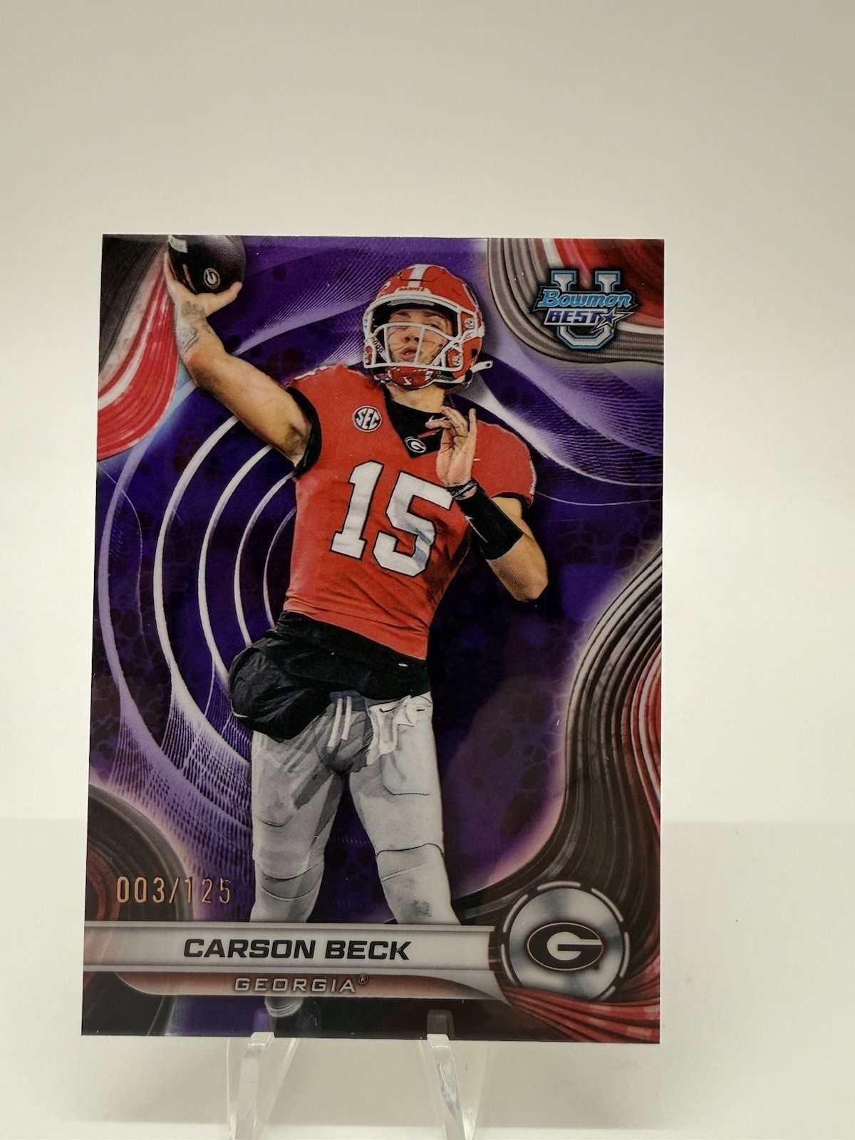 2024 Bowman University Best #4 Carson Beck Purple Refractor 3/125 Georgia/Miami