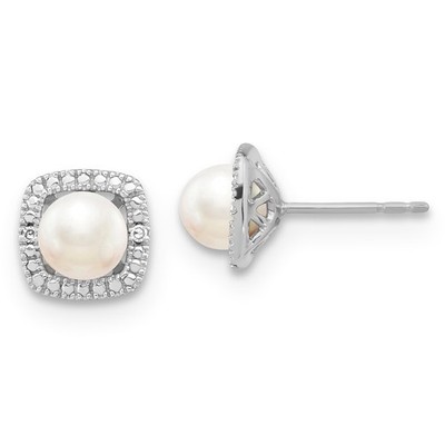 Sterling Silber poliert FWC Perle und Diamant Knopf Ohrringe Geschenk für sie