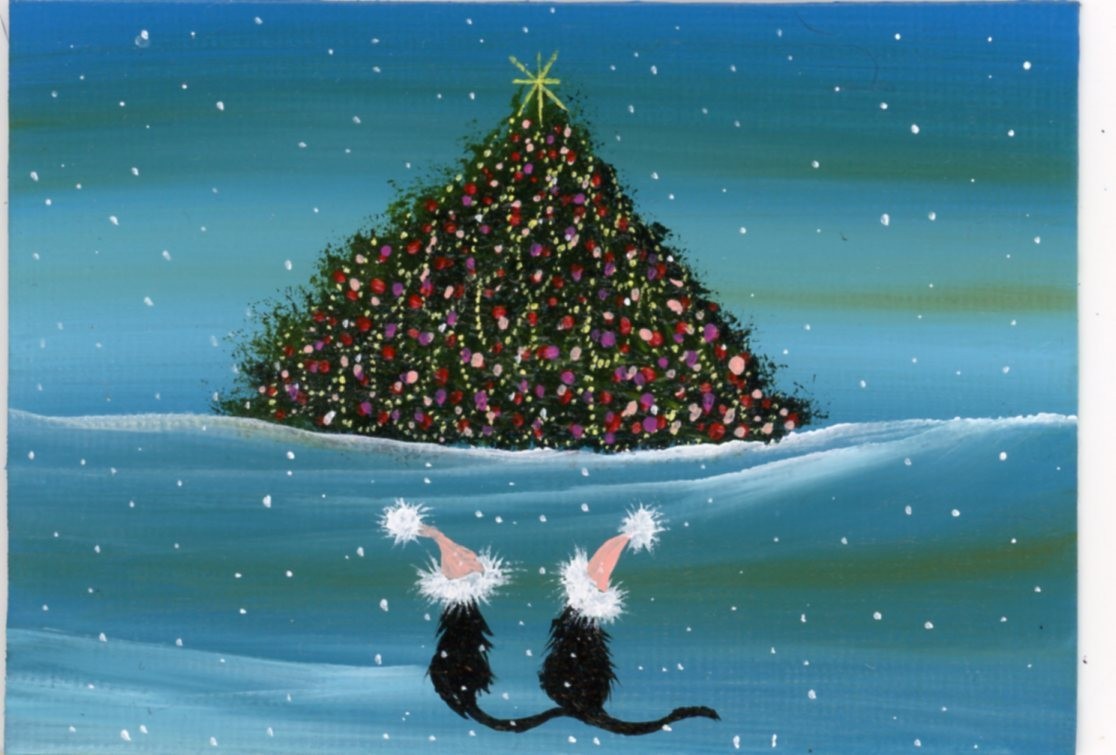 ACEO Original Acrylic Christmas Tree Little Black Cats Santa Hat Painting HYMES