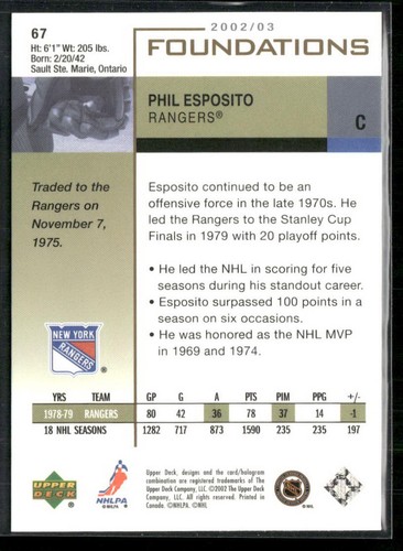 2002-03 Upper Deck Foundations #67 Phil Esposito New York Rangers HOF - Picture 2 of 2