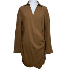 SHEIN Wrap Mini Dress Womens Size M Brown Long Sleeve Ruched Collared Crepe