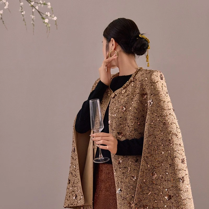 Capa con diseño de cuentas con lentejuelas para mujer otoño e invierno nueva chal chaqueta abrigos capa Foto 3 de 4