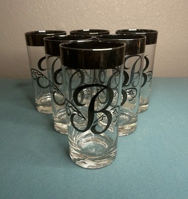 Vintage MCM Dorothy Thorpe Silver Rim ''B'' Monogram Highball Bar Glasses Set of 6